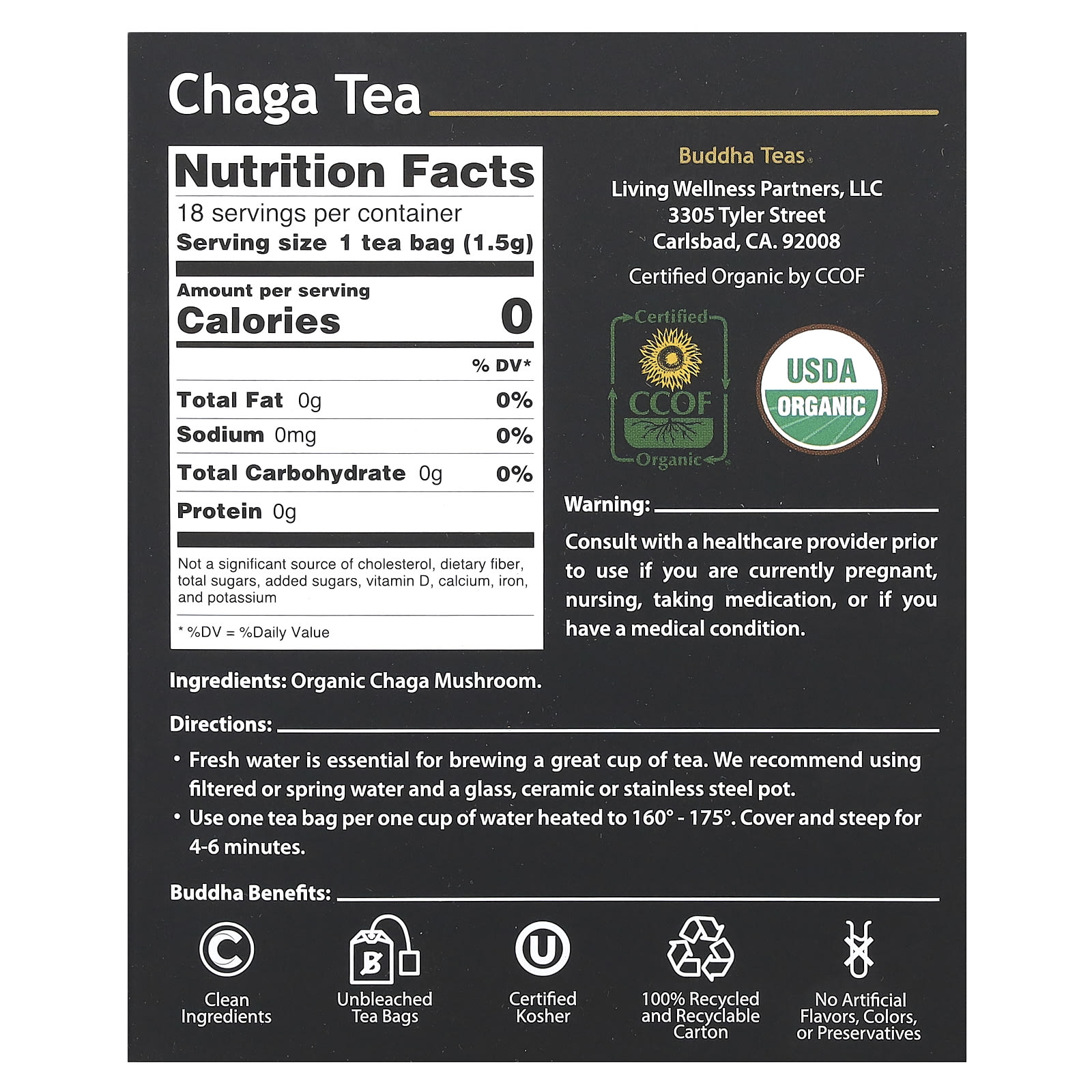 Травяной чай Buddha Teas Organic 18 Tea Bags, без кофеина, оттенок Chaga, 27 г, чайные пакетики — фото 2