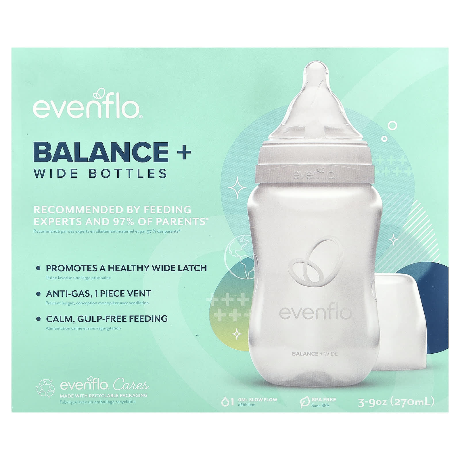 Бутылочки Evenflo Feeding Balance+, широкие, 0+ месяцев, медленный поток, 3 бутылочки, 9 унций (270 мл) каждая — фото 2