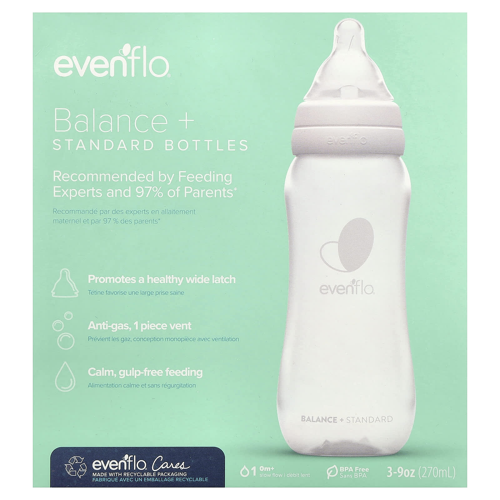 Бутылочки Evenflo Feeding Balance+, стандартные, 0+ месяцев, медленный поток, 3 бутылочки, 9 унций (270 мл) каждая — фото 2