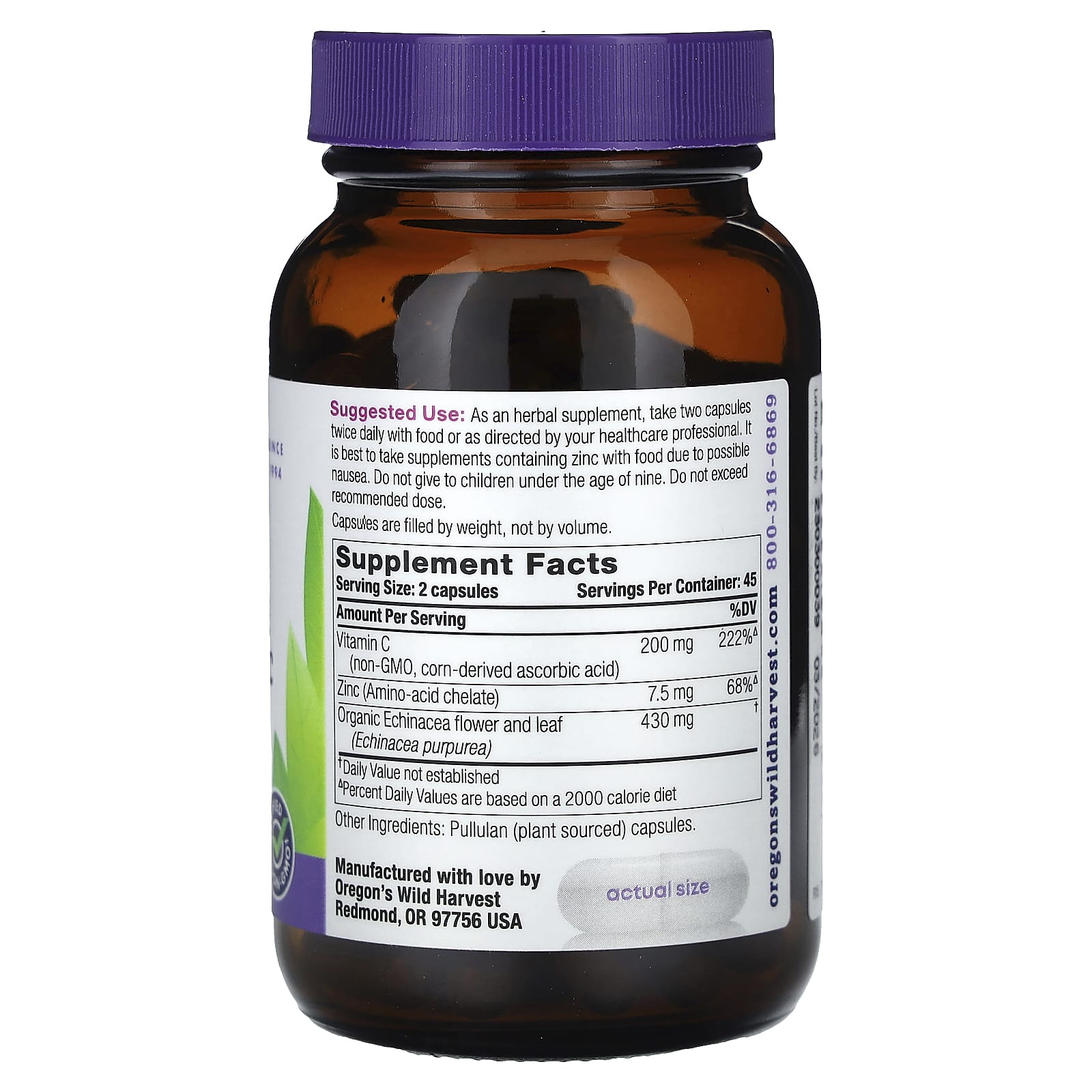 Эхинацея Oregon's Wild Harvest with Zinc and Vitamin C, 90 растительных капсул