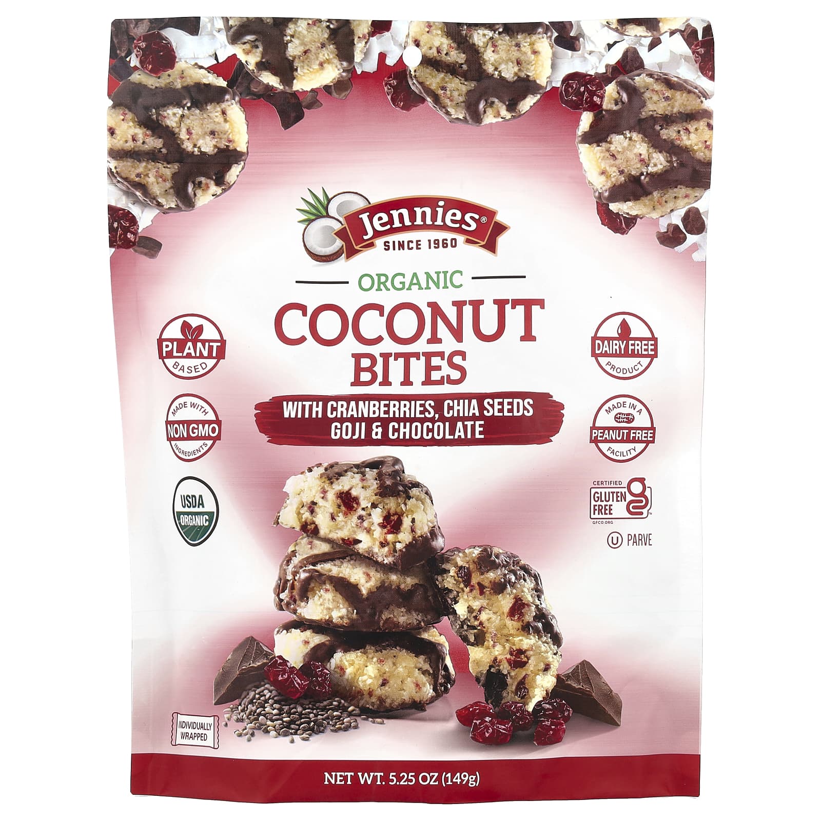 Семена чиа Jennies Macaroons Organic Coconut Bites with Cranberries, вкус Goji & Chocolate, 149 г