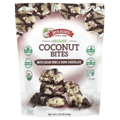 Темный шоколад Jennies Macaroons Organic Coconut Bites with Cacao Nibs &, вкус Organic Coconut Bites, with Cacao Nibs & Dark Chocolate, 149 г