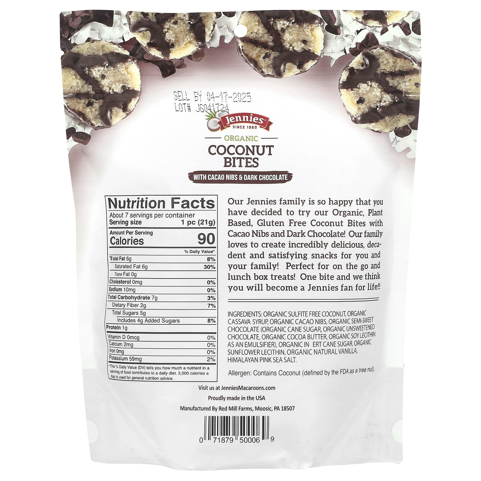 Темный шоколад Jennies Macaroons Organic Coconut Bites with Cacao Nibs &, вкус Organic Coconut Bites, with Cacao Nibs & Dark Chocolate, 149 г — фото 2
