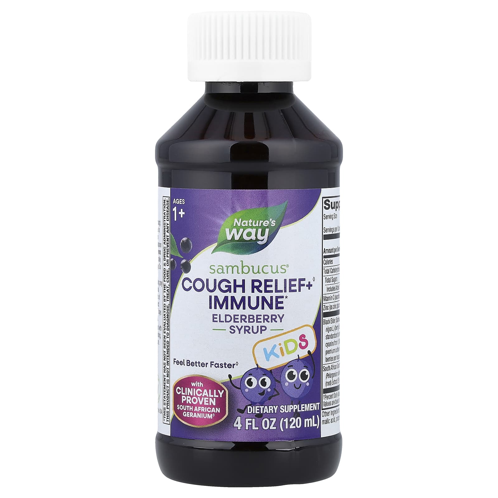 Бузина Nature's Way Sambucus® Cough Relief Immune Syrup, вкус Elderberry, для детей от 1 лет, 120 мл — фото 2