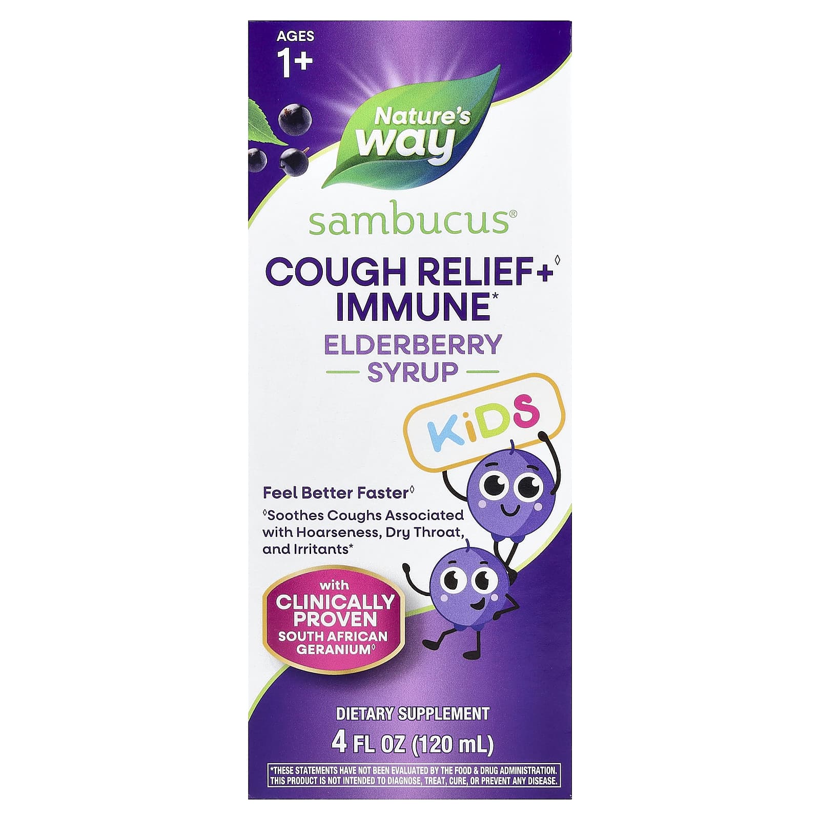 Бузина Nature's Way Sambucus® Cough Relief Immune Syrup, вкус Elderberry, для детей от 1 лет, 120 мл — фото 3