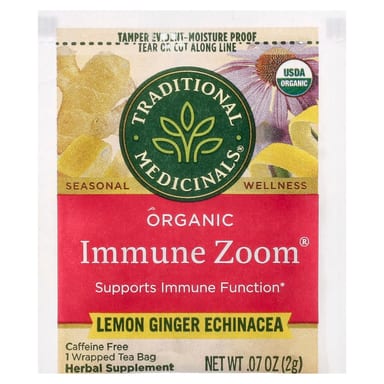 Чайные пакетики Traditional Medicinals Organic Immune Zoom®, без кофеина, вкус Lemon Ginger Echinacea, 32 г, 16 чайных пакетиков