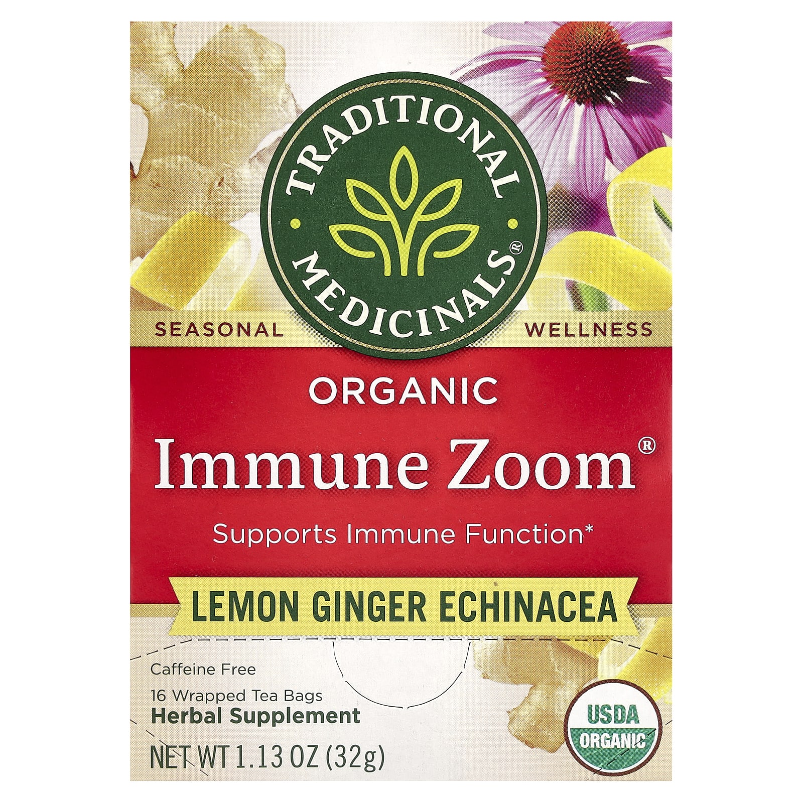 Чайные пакетики Traditional Medicinals Organic Immune Zoom®, без кофеина, вкус Lemon Ginger Echinacea, 32 г, 16 чайных пакетиков — фото 2
