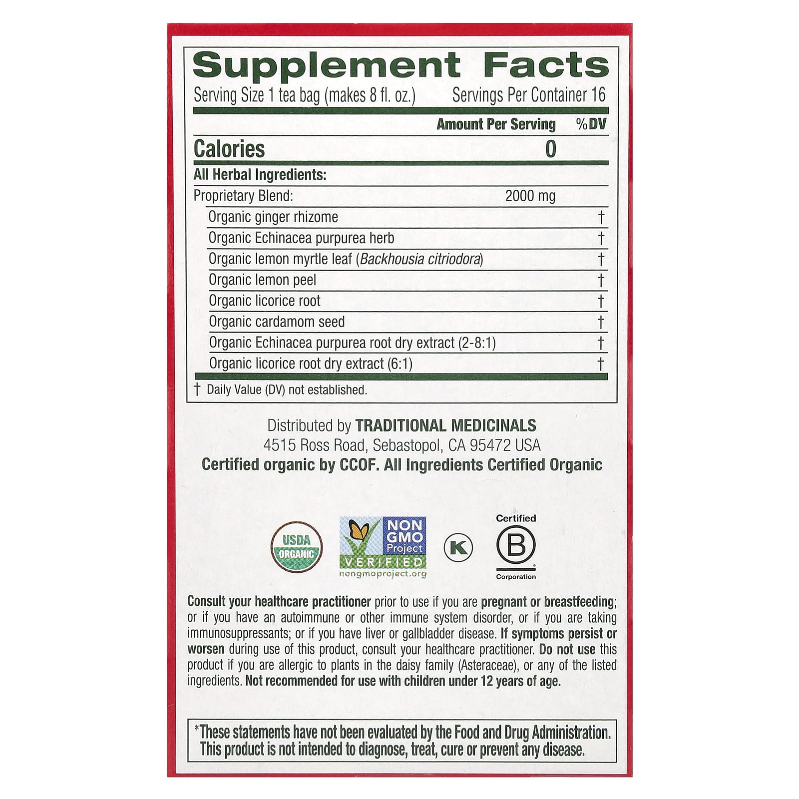 Чайные пакетики Traditional Medicinals Organic Immune Zoom®, без кофеина, вкус Lemon Ginger Echinacea, 32 г, 16 чайных пакетиков — фото 3