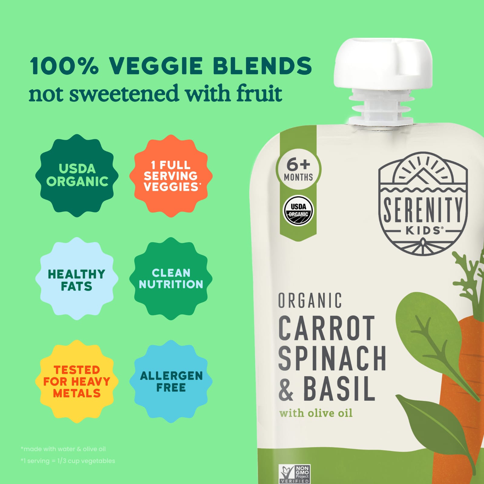 Оливковое масло Serenity Kids Organic Carrot Spinach & Basil with 6+ Months, 99 г — фото 3