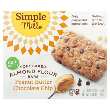 Арахисовая паста Simple Mills Soft Baked Almond Flour Bars, вкус Peanut Butter Chocolate Chip, 34 г, 5 шт., батончик