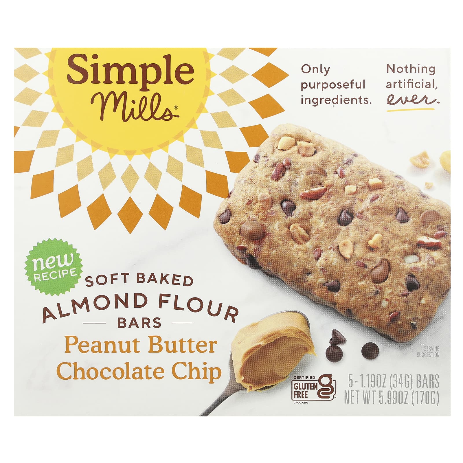 Арахисовая паста Simple Mills Soft Baked Almond Flour Bars, вкус Peanut Butter Chocolate Chip, 34 г, 5 шт., батончик