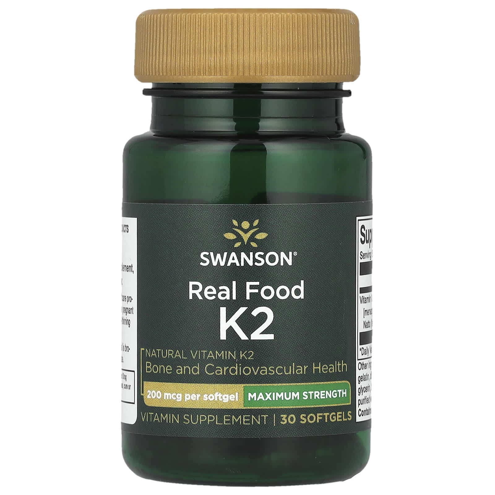 Витамин K2 Real Food Swanson Maximum Strength, 200 мкг, 30 мягких капсул