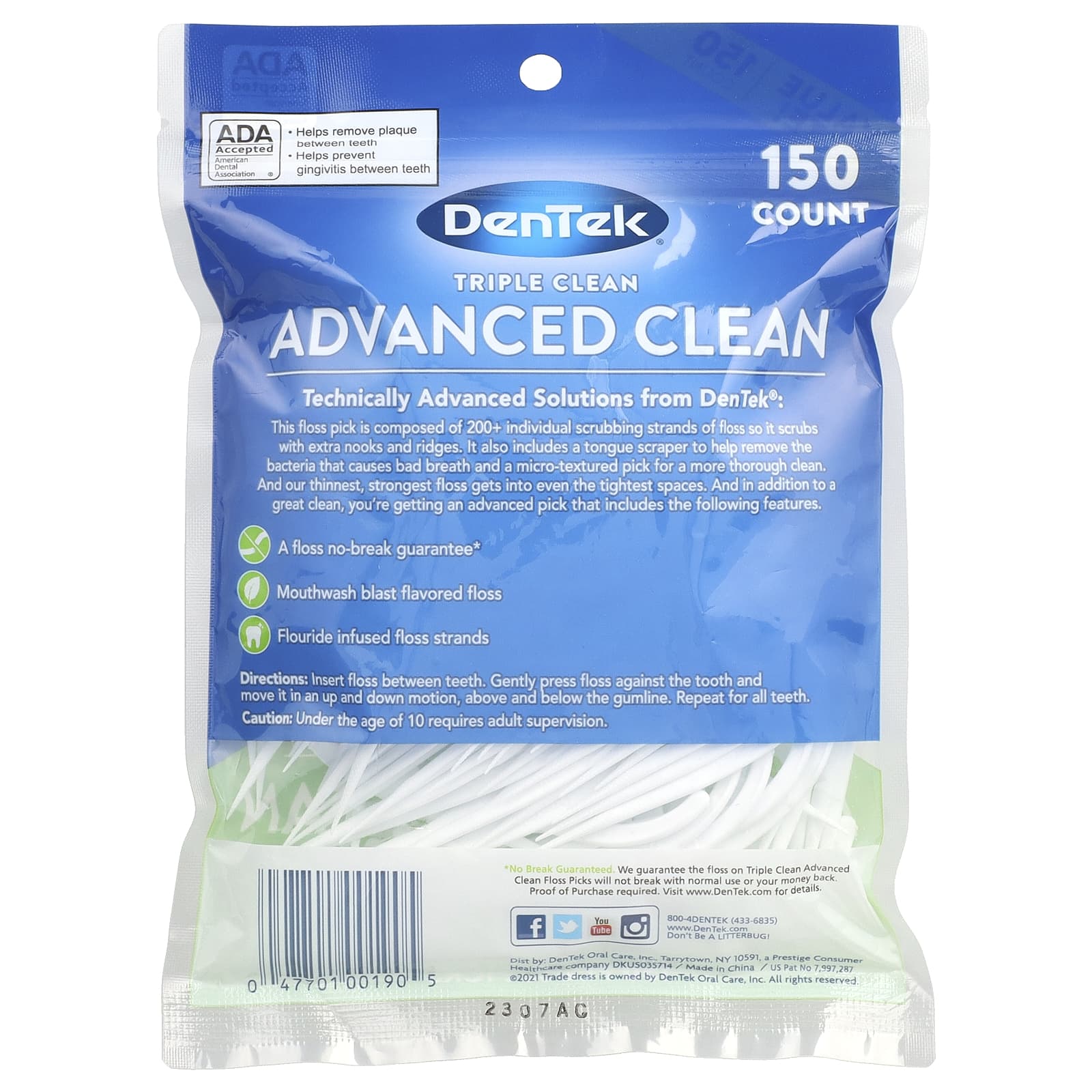 Ополаскиватель для полости рта DenTek Advanced Clean Floss Picks Blast 150 Floss Picks — фото 3