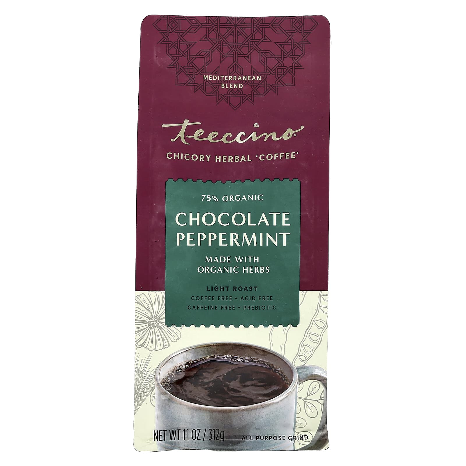 Шоколад Teeccino Organic Chicory Herbal 'Coffee' Light Roast, без кофеина, вкус Chocolate Peppermint, 312 г