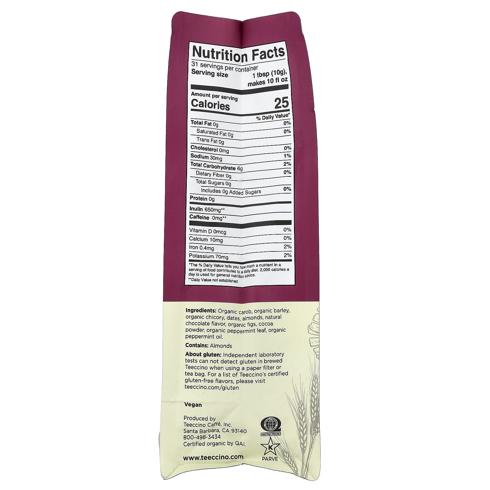 Шоколад Teeccino Organic Chicory Herbal 'Coffee' Light Roast, без кофеина, вкус Chocolate Peppermint, 312 г — фото 2