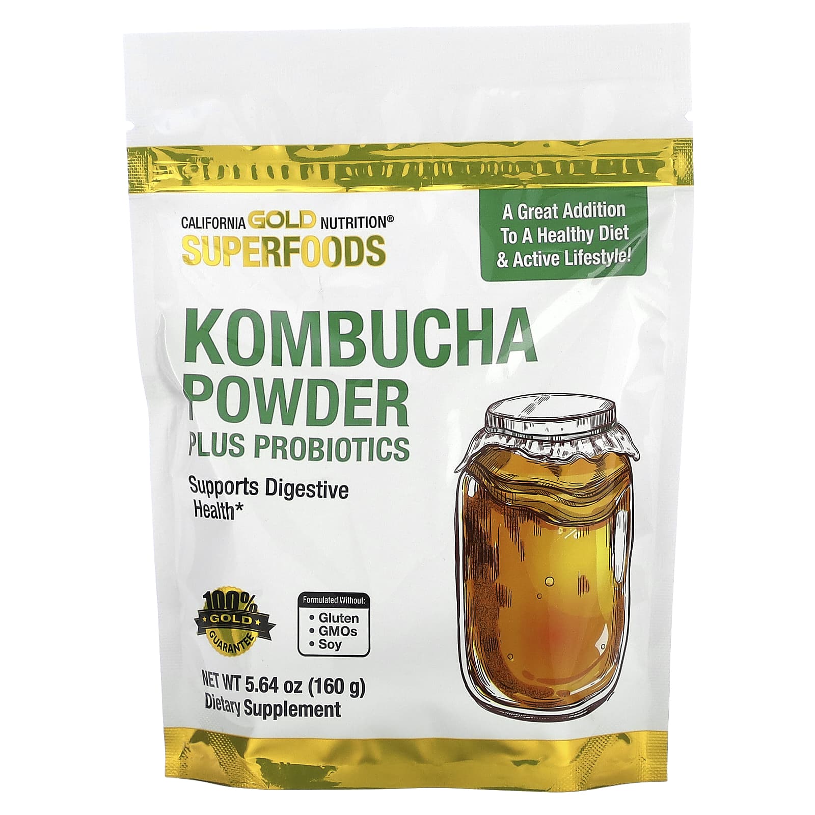 Яблочный уксус California Gold Nutrition Superfoods Kombucha Powder with Kombucha, вкус Brewed Apple Cider Vinegar and Soluble Tapioca Fiber Plus Probiotics, 160 г, порошок — фото 3