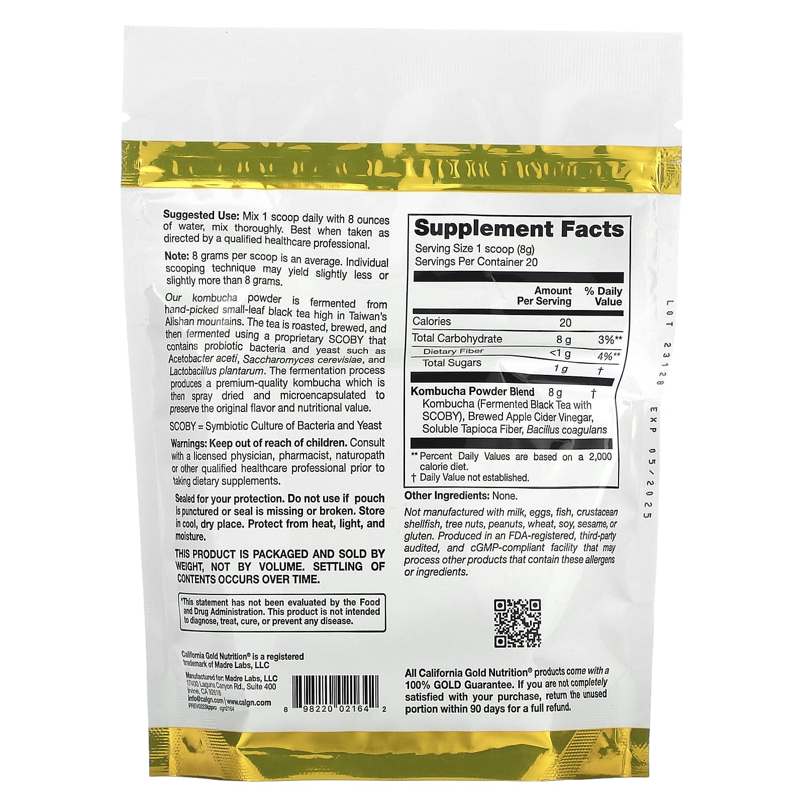 Яблочный уксус California Gold Nutrition Superfoods Kombucha Powder with Kombucha, вкус Brewed Apple Cider Vinegar and Soluble Tapioca Fiber Plus Probiotics, 160 г, порошок — фото 4