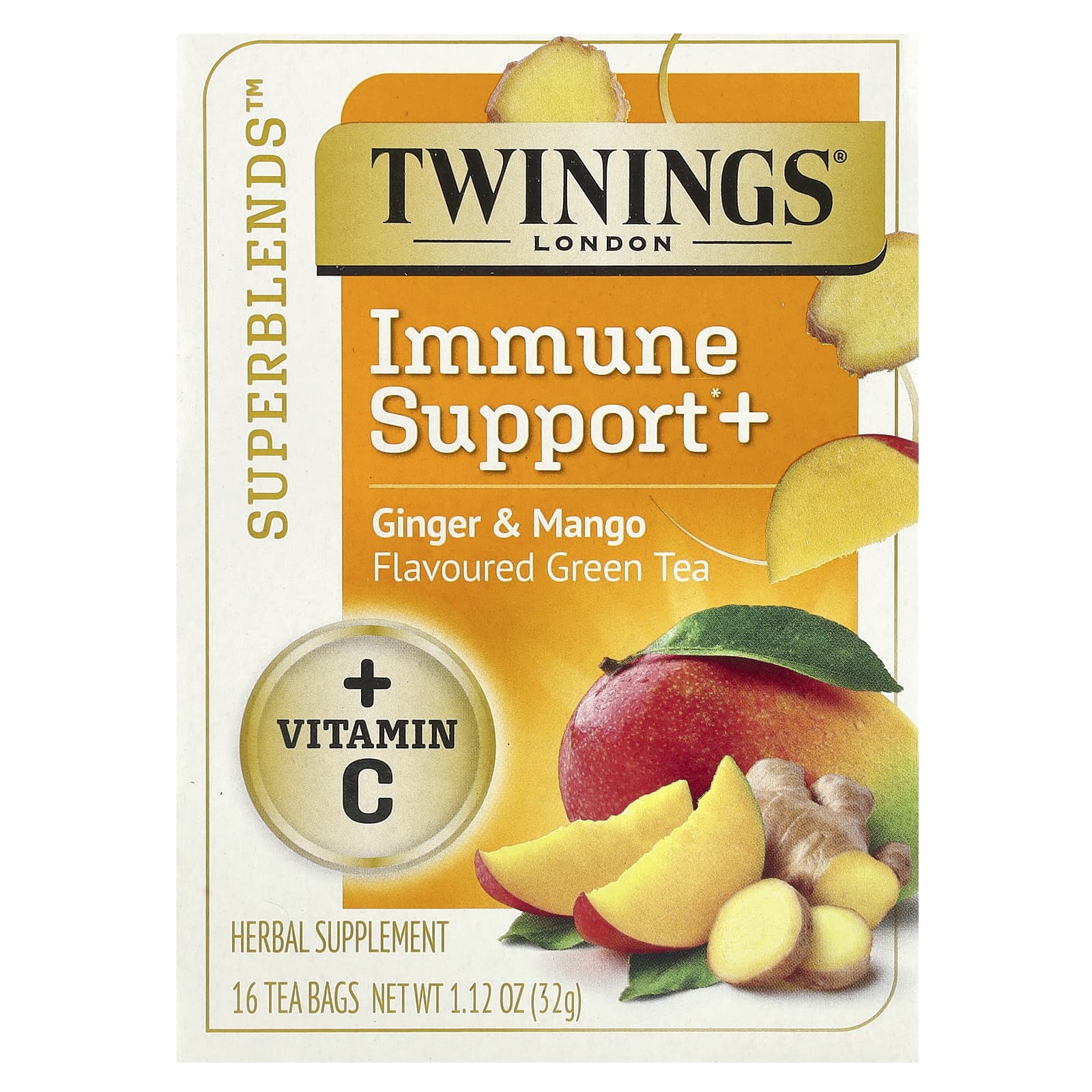 Зеленый чай Twinings Superblends™ Immune Support+ 16 Tea Bags, вкус Ginger & Mango, 32 г, чайные пакетики