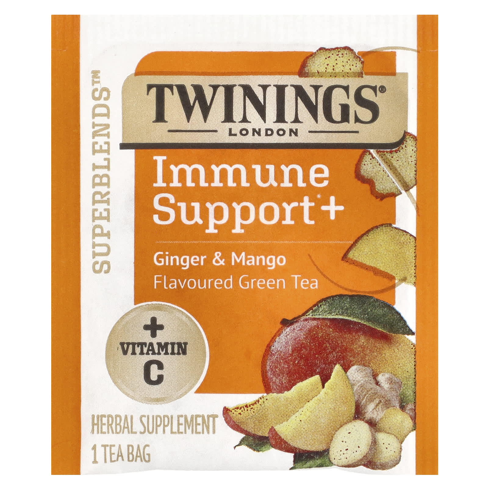 Зеленый чай Twinings Superblends™ Immune Support+ 16 Tea Bags, вкус Ginger & Mango, 32 г, чайные пакетики — фото 3