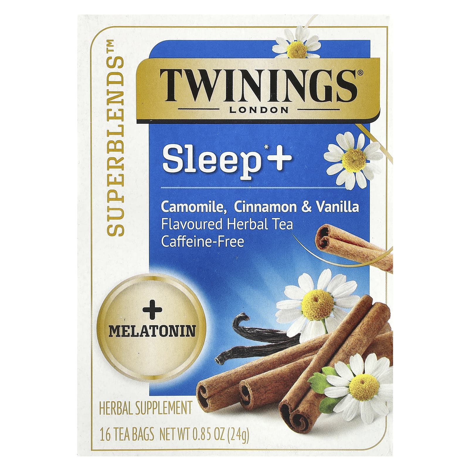 Травяной чай Twinings Sleep+ with Melatonin Camomile 16 Tea Bags, без кофеина, вкус Cinnamon & Vanilla, 24 г, чайные пакетики