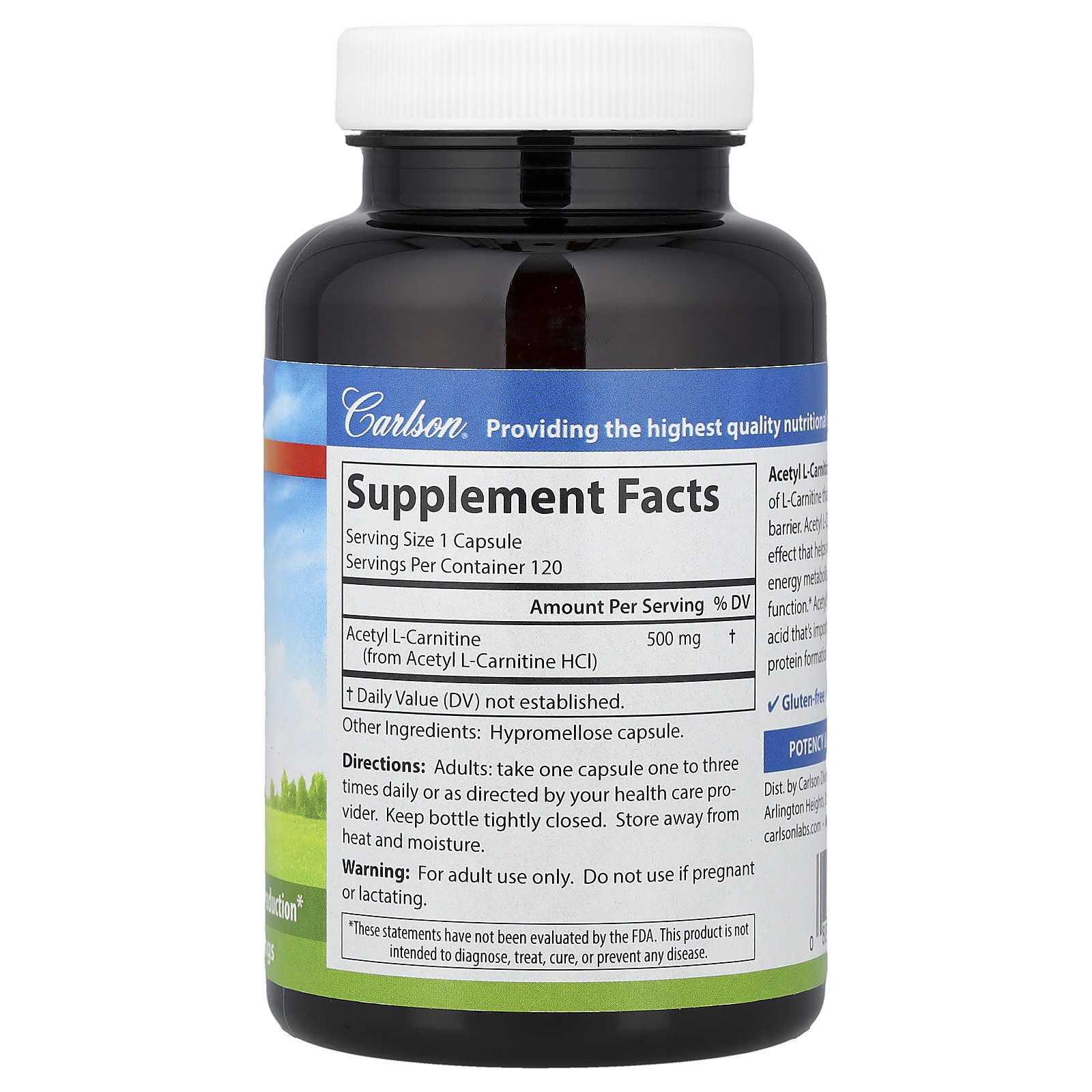 Ацетил-L-карнитин Carlson Acetyl-L-Carnitine, 500 мг, 120 растительных капсул — фото 2