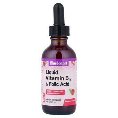 Витамин B12 Bluebonnet Nutrition Liquid & Folic Acid, вкус Raspberry, 59 мл, жидкая форма