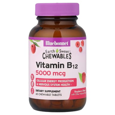 Витамин B12 Bluebonnet Nutrition Earth Sweet® Chewables, вкус Raspberry, 5000 мкг, 60 жевательных таблеток
