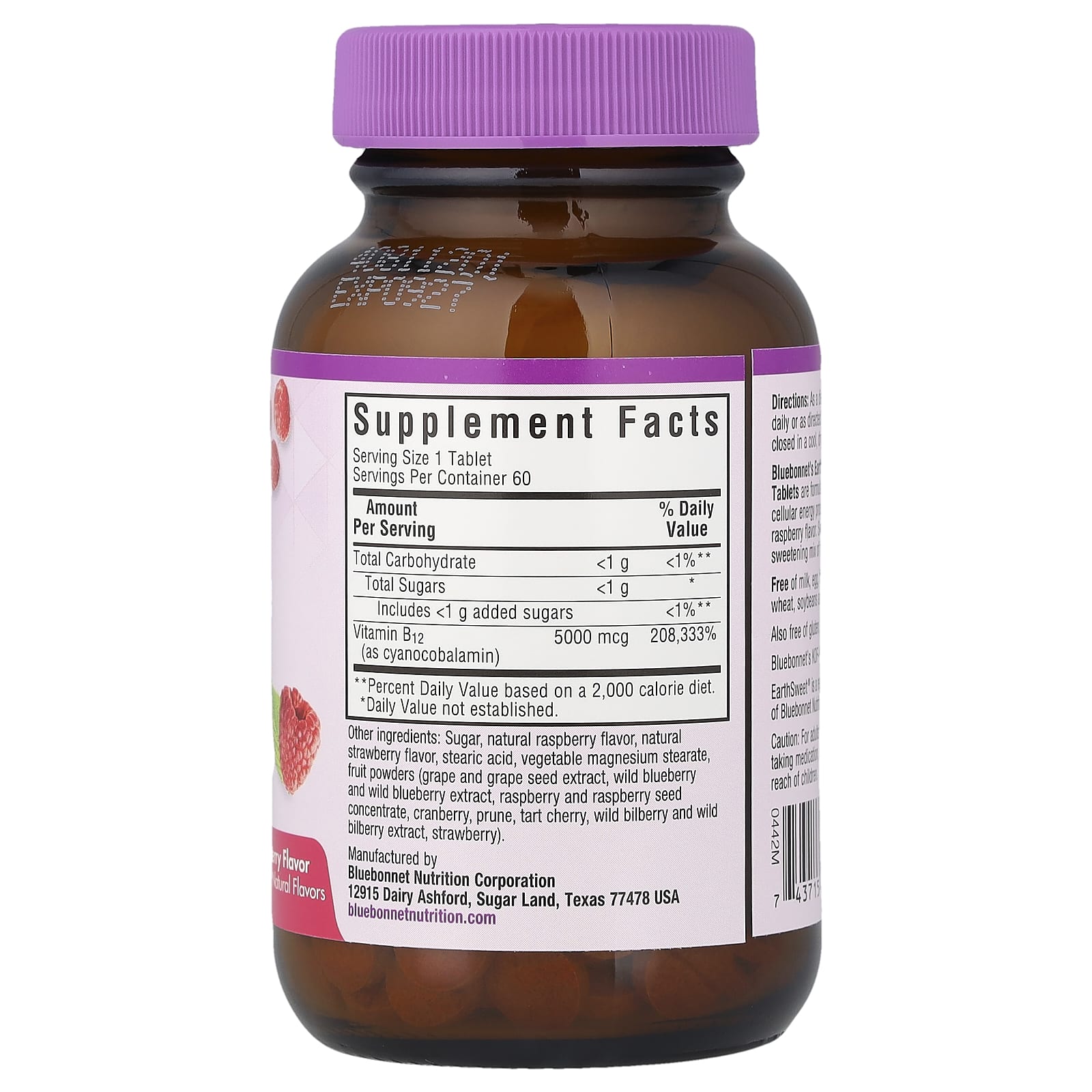 Витамин B12 Bluebonnet Nutrition Earth Sweet® Chewables, вкус Raspberry, 5000 мкг, 60 жевательных таблеток — фото 2
