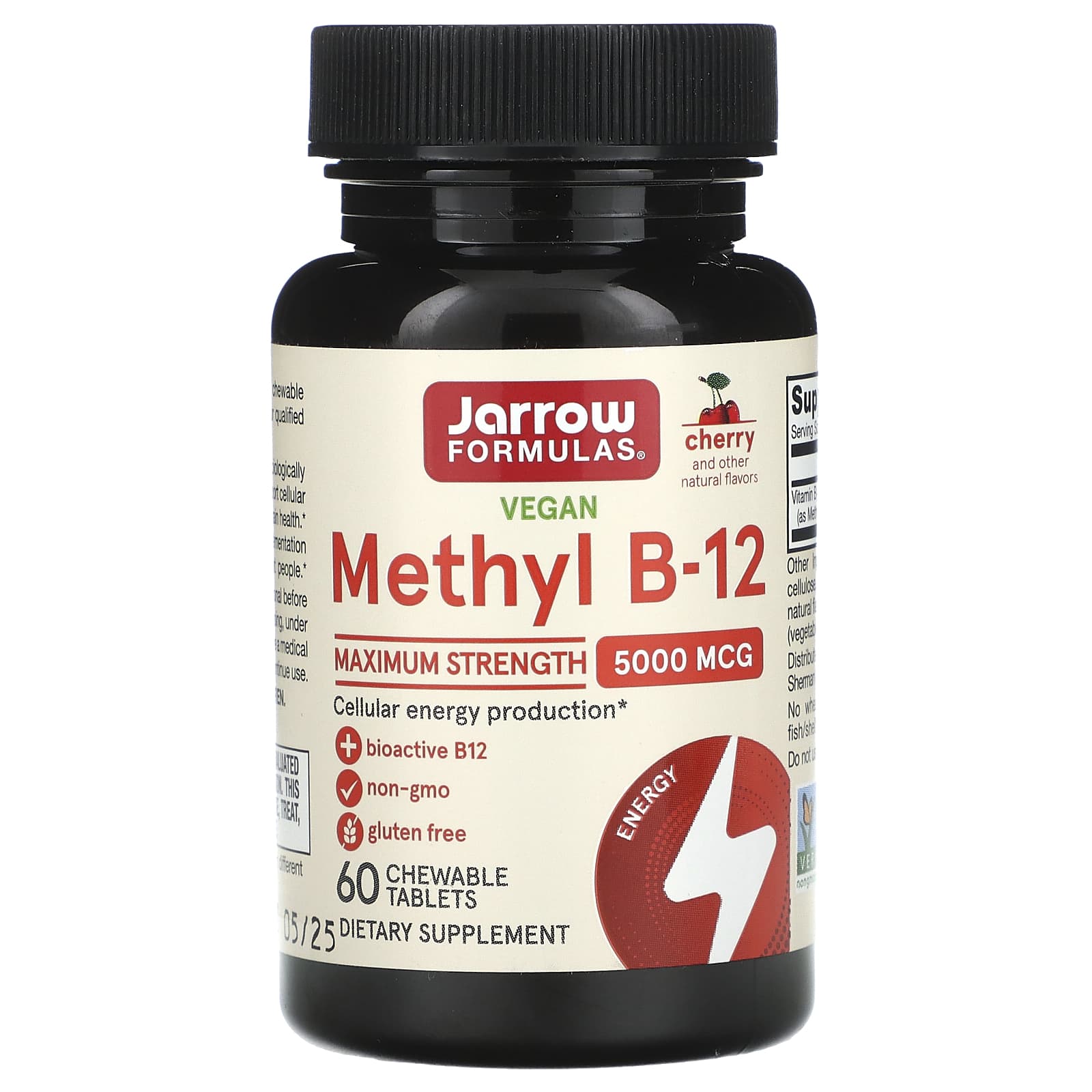 Метил B12 Jarrow Formulas Vegan Methyl Maximum Strength, вкус Cherry, 5000 мкг, 60 жевательных таблеток