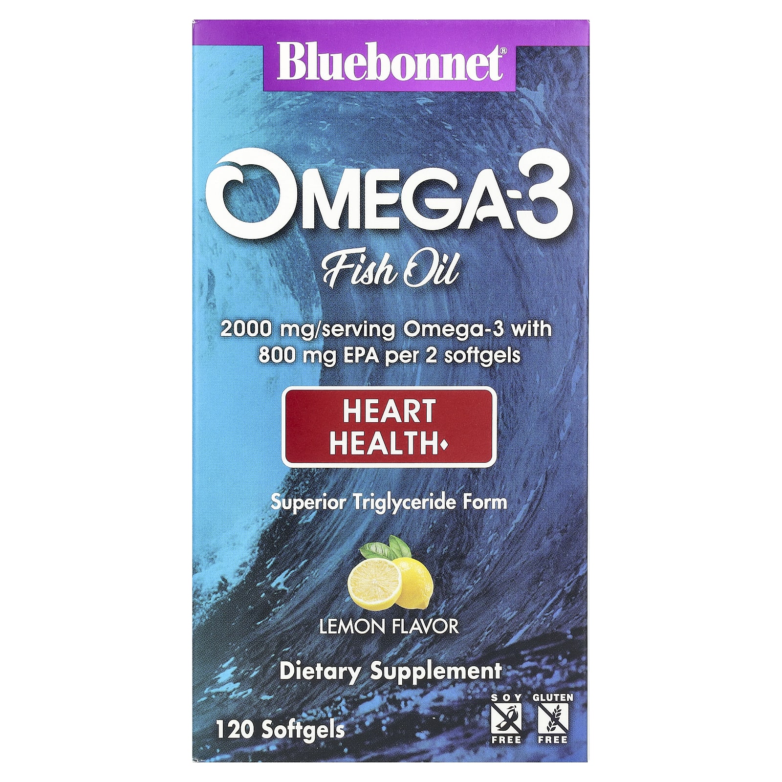 Рыбий жир Bluebonnet Nutrition Omega-3 Heart Health, вкус Lemon, 1000 мг, 120 мягких капсул — фото 2