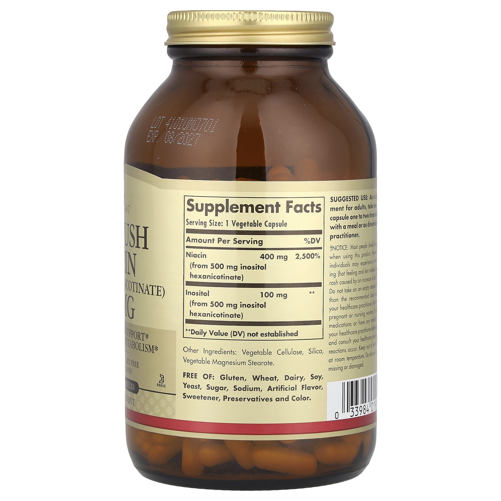 Инозитол Solgar No-Flush Niacin ( Hexanicotinate), 500 мг, 250 растительных капсул — фото 2