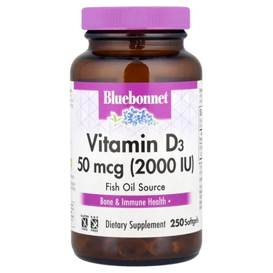 Фото товара: Витамин D3 Bluebonnet Nutrition, 50 мкг (2000 МЕ), 250 мягких капсул