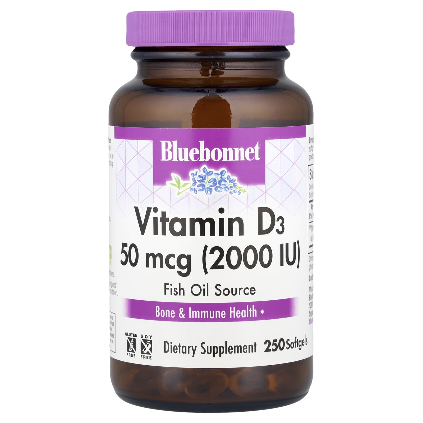 Витамин D3 Bluebonnet Nutrition, 50 мкг (2000 МЕ), 250 мягких капсул