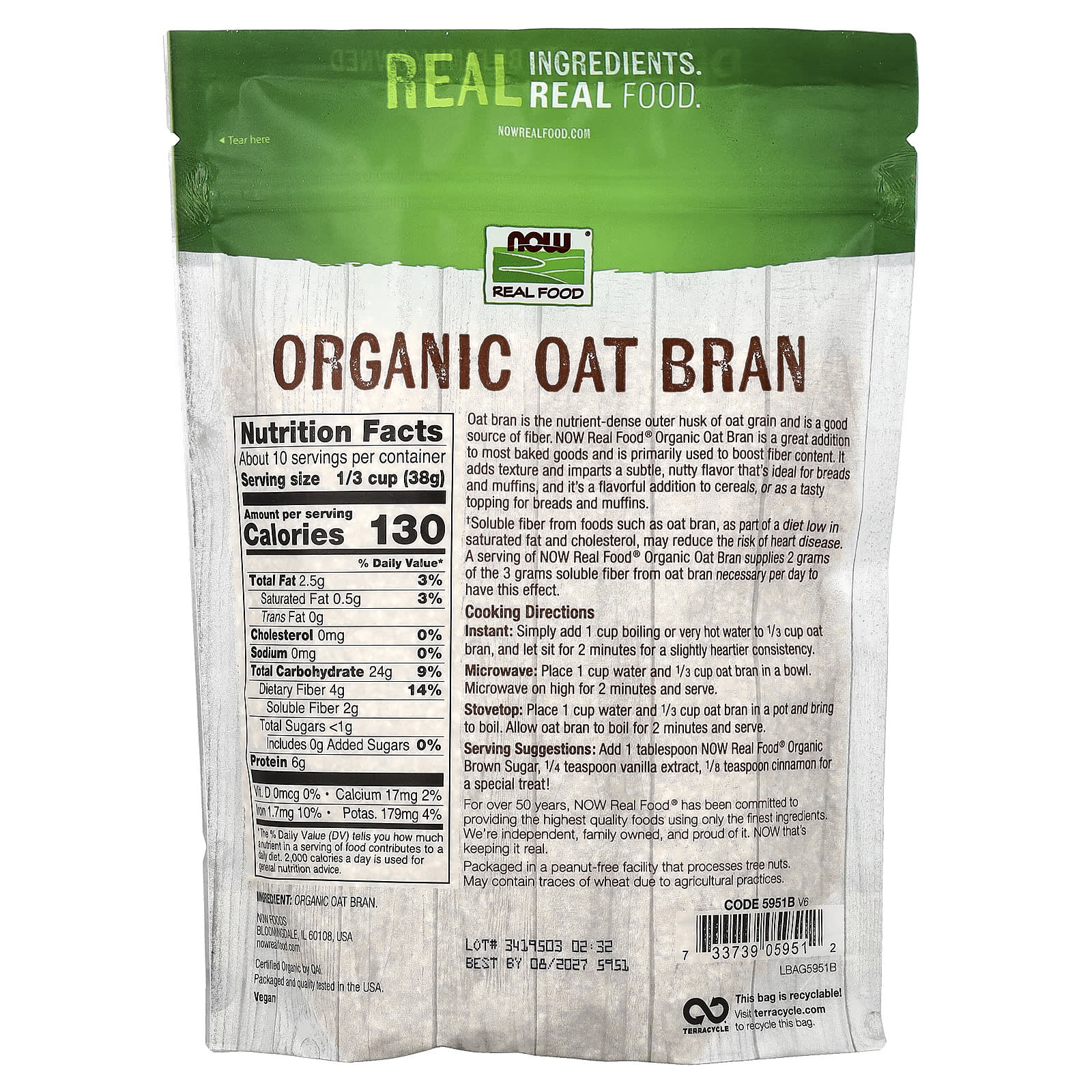 Овсяные отруби NOW Foods Real Food, 397 г — фото 2
