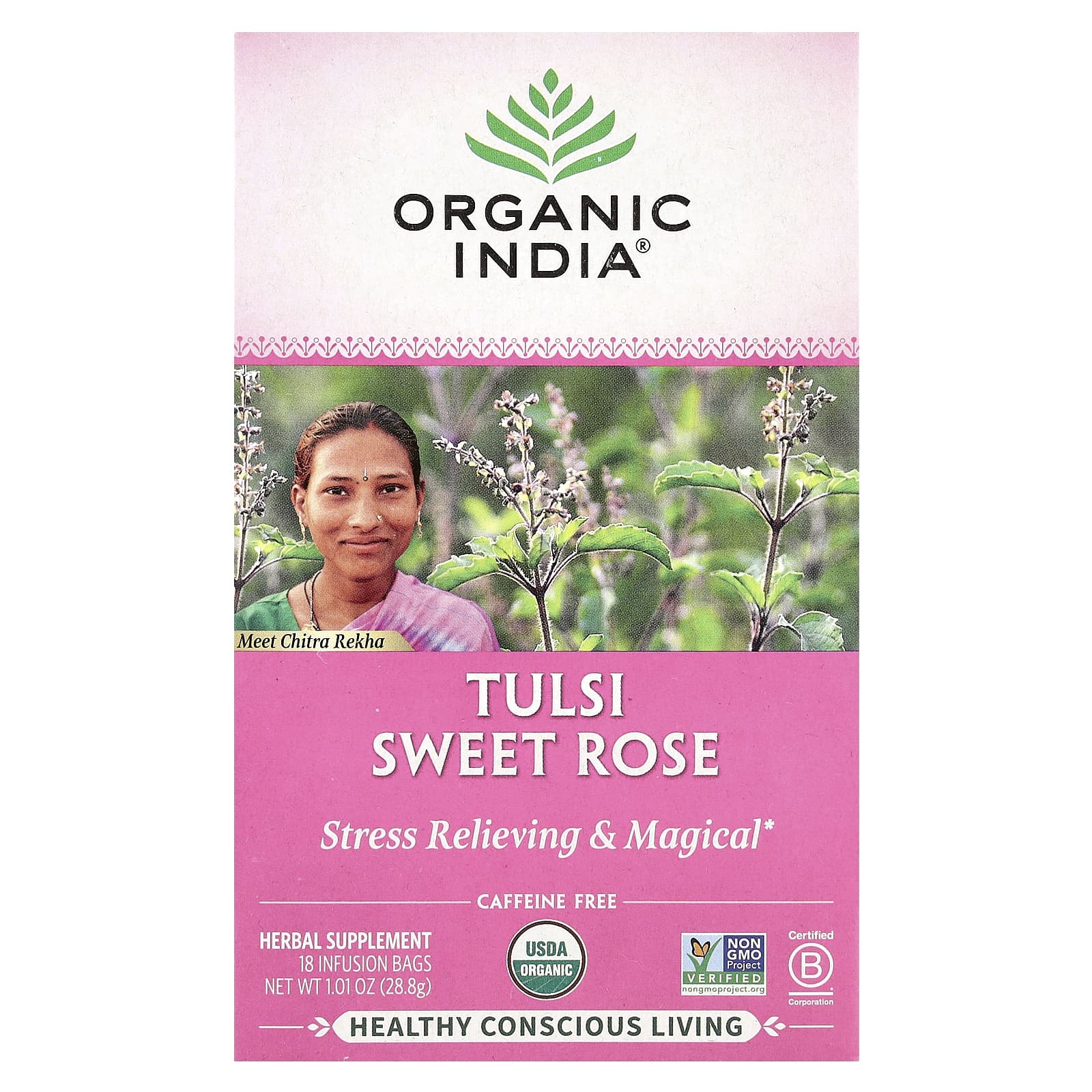 Чай Organic India Tulsi Sweet Rose, без кофеина, оттенок 18 Infusion Bags, 28.8 г — фото 2