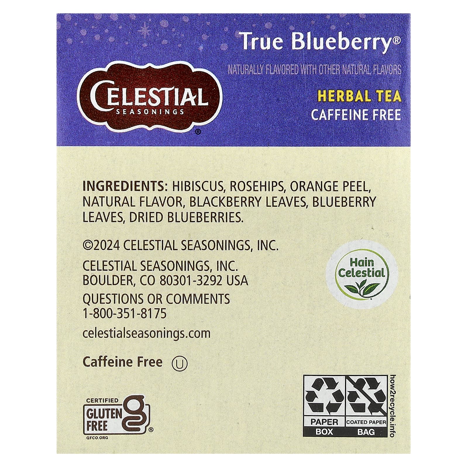 Травяной чай Celestial Seasonings 20 Tea Bags, без кофеина, вкус True Blueberry®, 45 г, чайные пакетики — фото 3