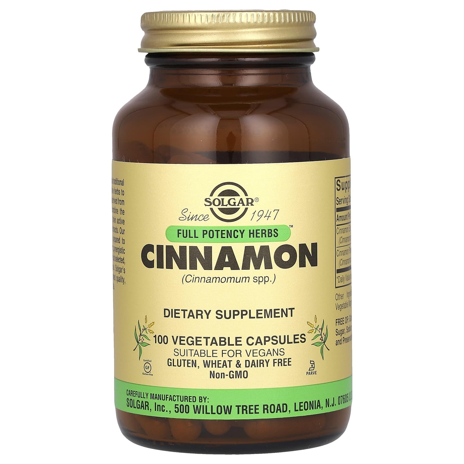 Корица Solgar Full Potency Herbs, вкус Cinnamon, 100 растительных капсул