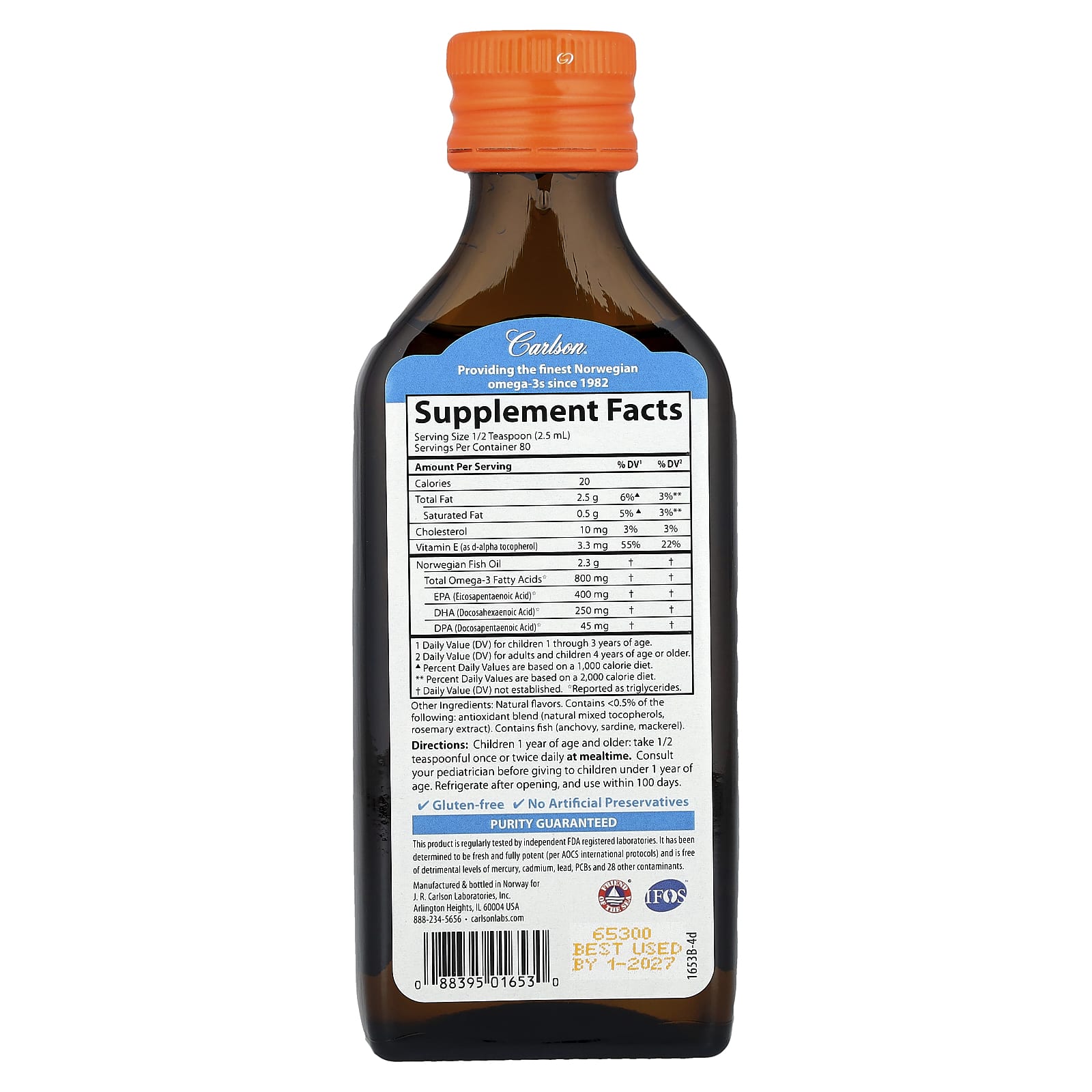 Рыбий жир Carlson Norwegian The Very Finest, вкус Natural Orange, 2300 мг, 200 мл, масло — фото 2