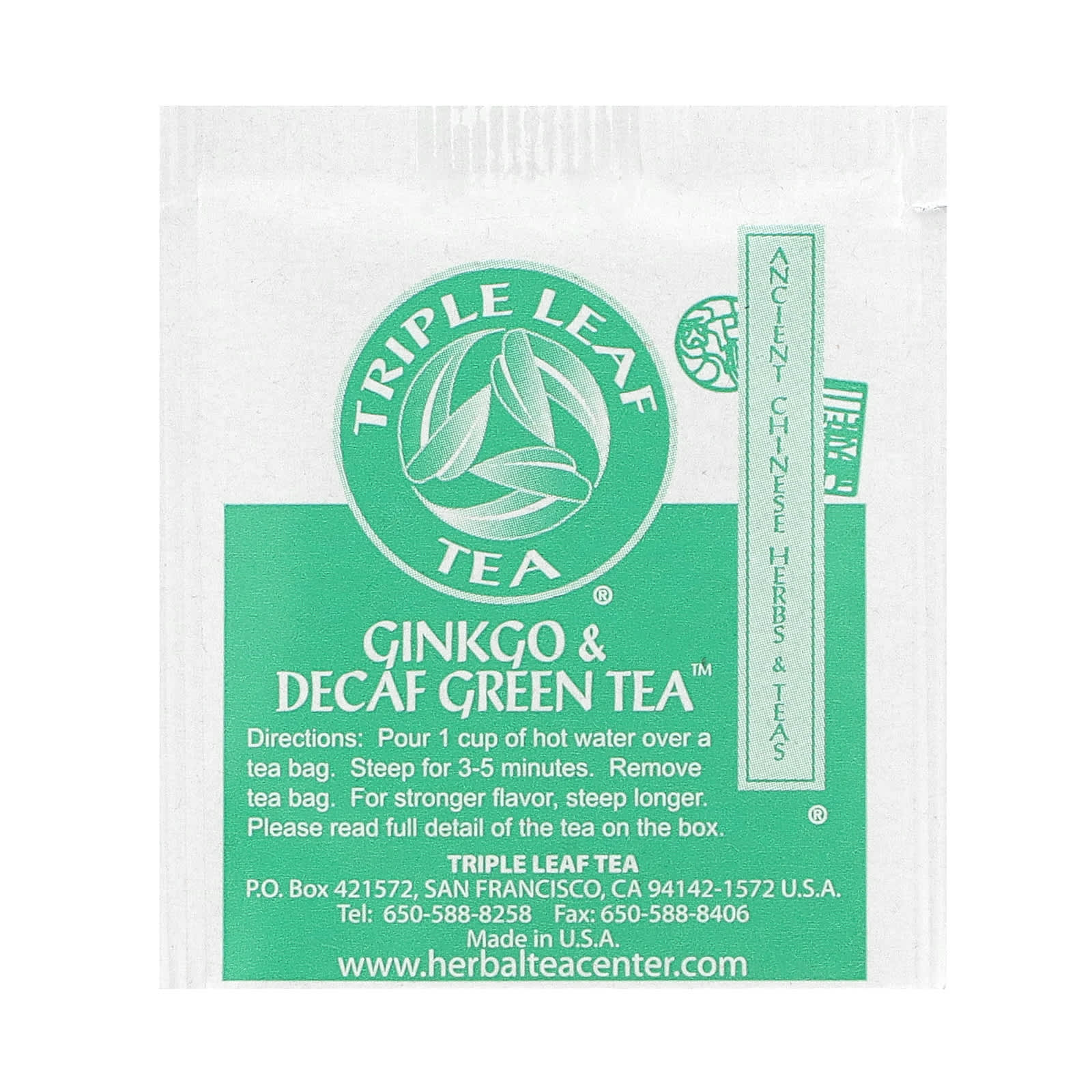 Зеленый чай Triple Leaf Tea Ginkgo & Decaf 20 Tea Bags, 36 г, чайные пакетики — фото 2