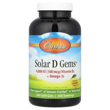 Фото товара: Витамин D3 Carlson Solar D Gems® Omega-3s, вкус «натуральный лимон», 360 мягких капсул