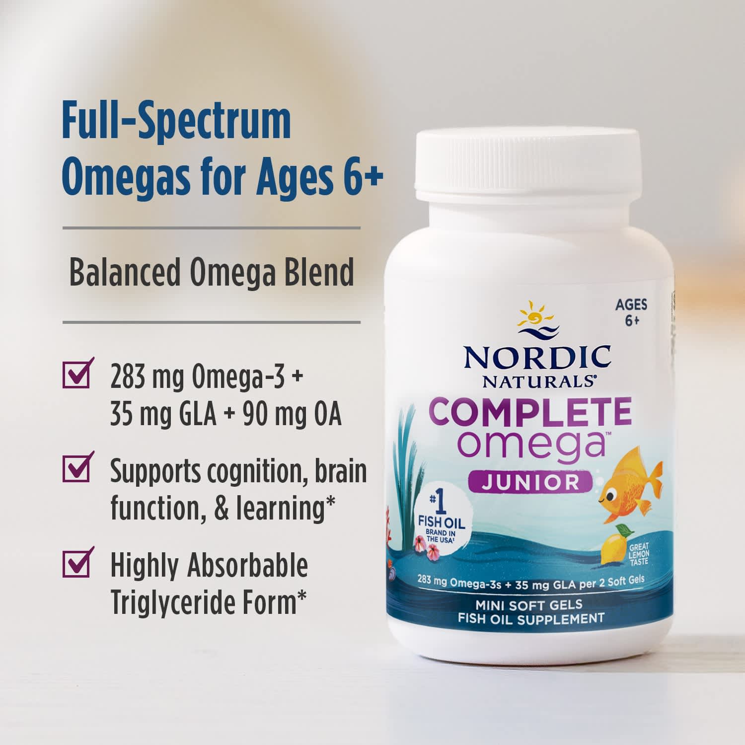 Омега-комплекс Nordic Naturals Junior, вкус Lemon, для детей от 6 лет, 180 мягких капсул