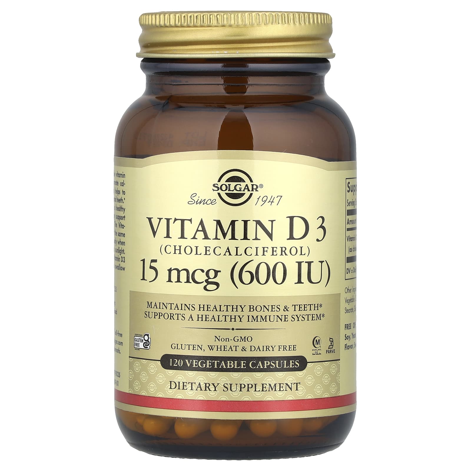 Витамин D3 Solgar (Cholecalciferol), 15 мкг (600 МЕ), 120 растительных капсул