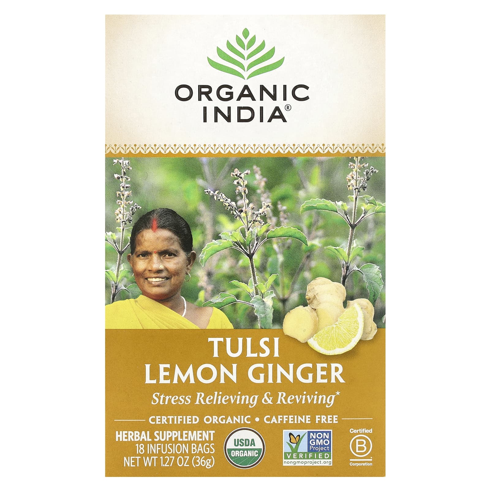 Имбирь Organic India Tulsi Lemon Tea, без кофеина, оттенок 18 Infusion Bags, 36 г