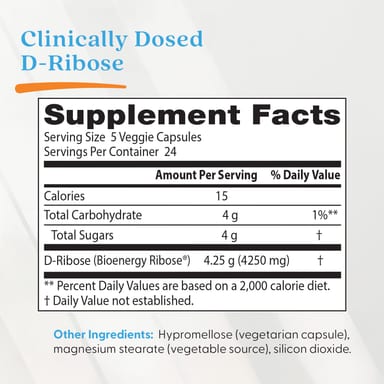 D-рибоза Doctor's Best D-Ribose, 850 мг, 120 растительных капсул