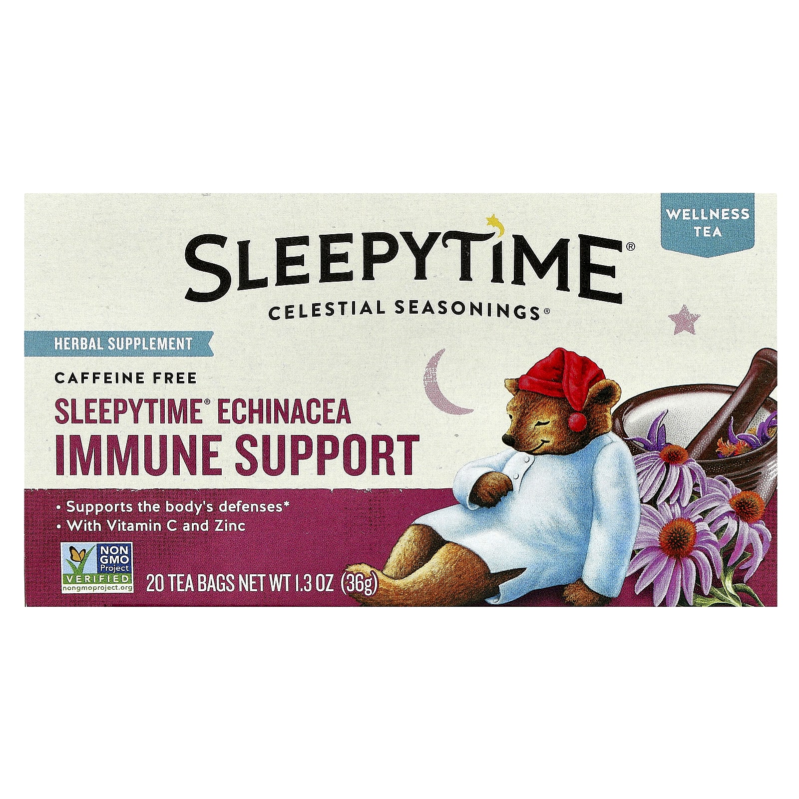 Эхинацея Celestial Seasonings Wellness Tea Sleepytime® Immune Support 20 Tea Bags, без кофеина, 36 г, чайные пакетики — фото 2