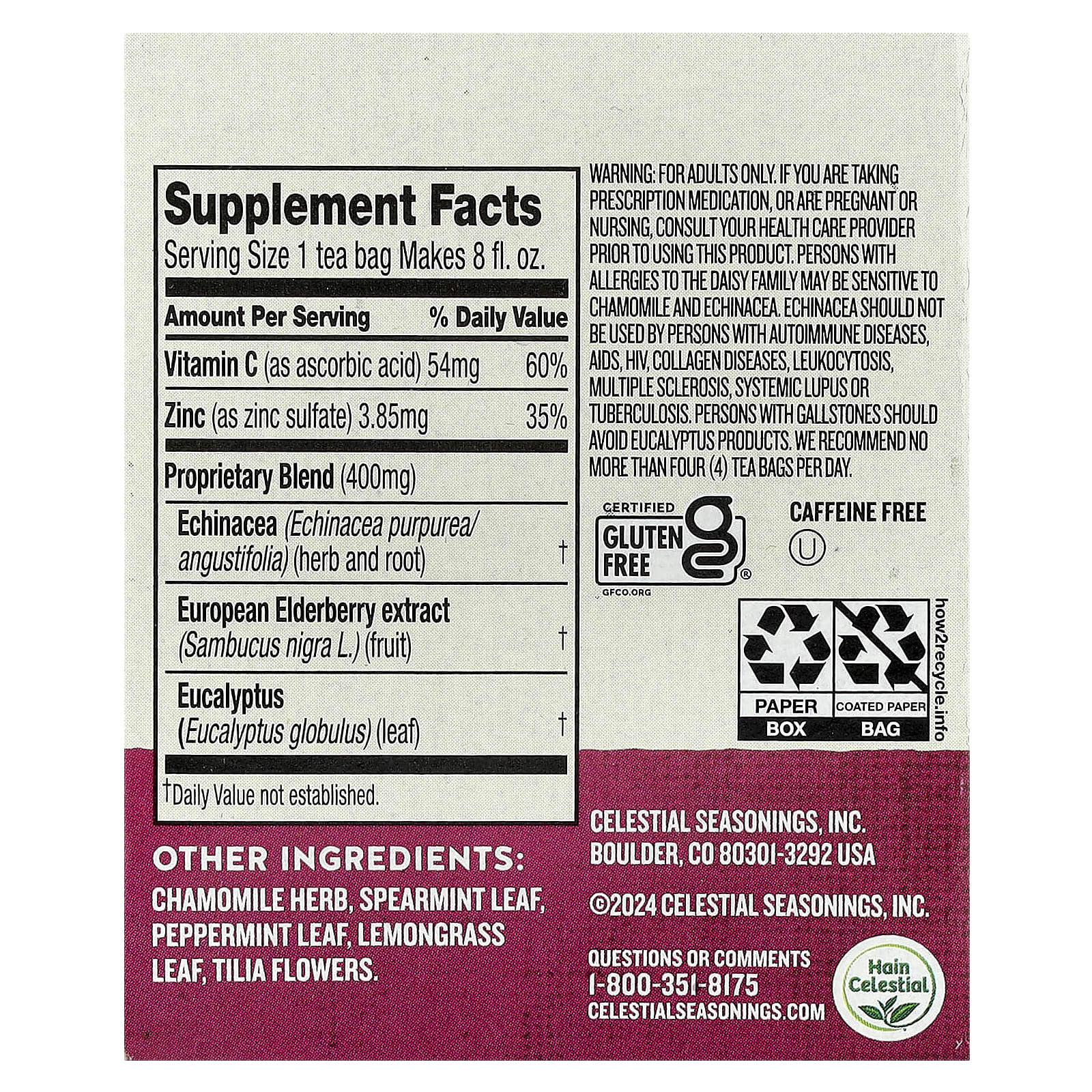 Эхинацея Celestial Seasonings Wellness Tea Sleepytime® Immune Support 20 Tea Bags, без кофеина, 36 г, чайные пакетики — фото 3
