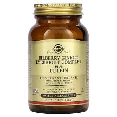 Комплекс Solgar, вкус Bilberry Ginkgo Eyebright Complex Plus Lutein, 60 растительных капсул