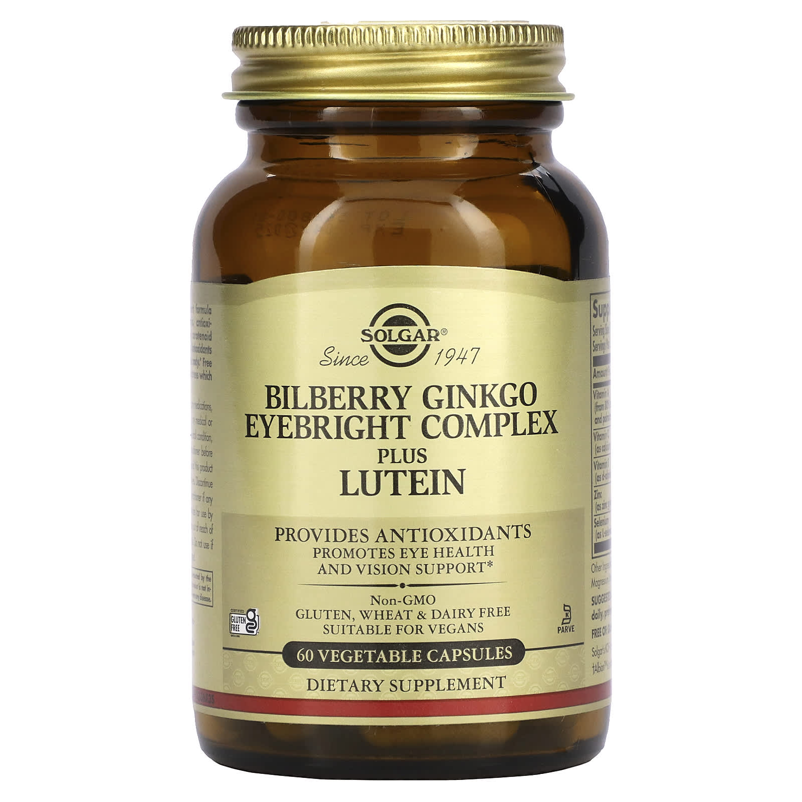 Комплекс Solgar, вкус Bilberry Ginkgo Eyebright Complex Plus Lutein, 60 растительных капсул
