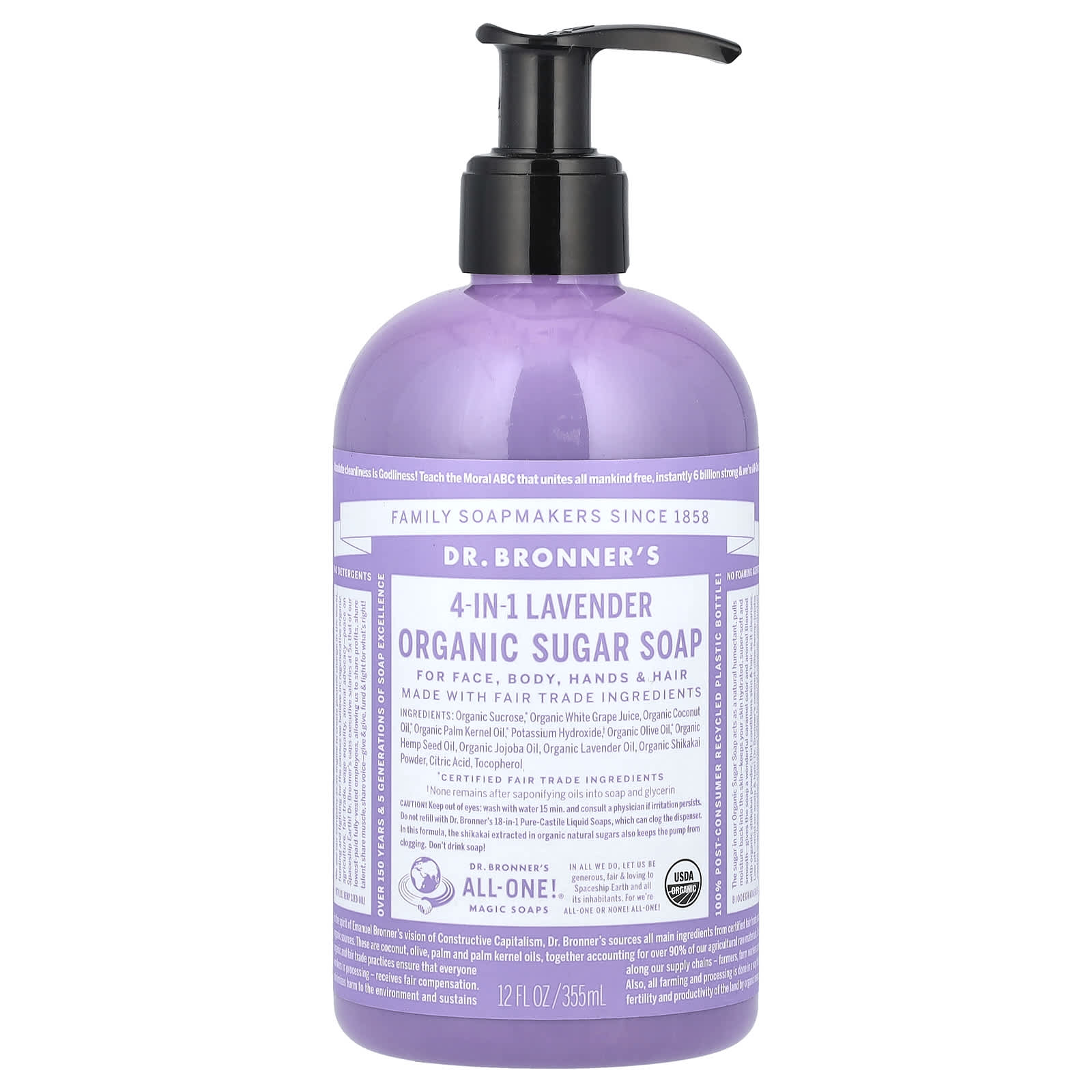 Органическое сахарное мыло Dr. Bronner's 4-in-1 Organic Sugar Soap For Face Body Hands & Hair, оттенок Lavender, 355 мл