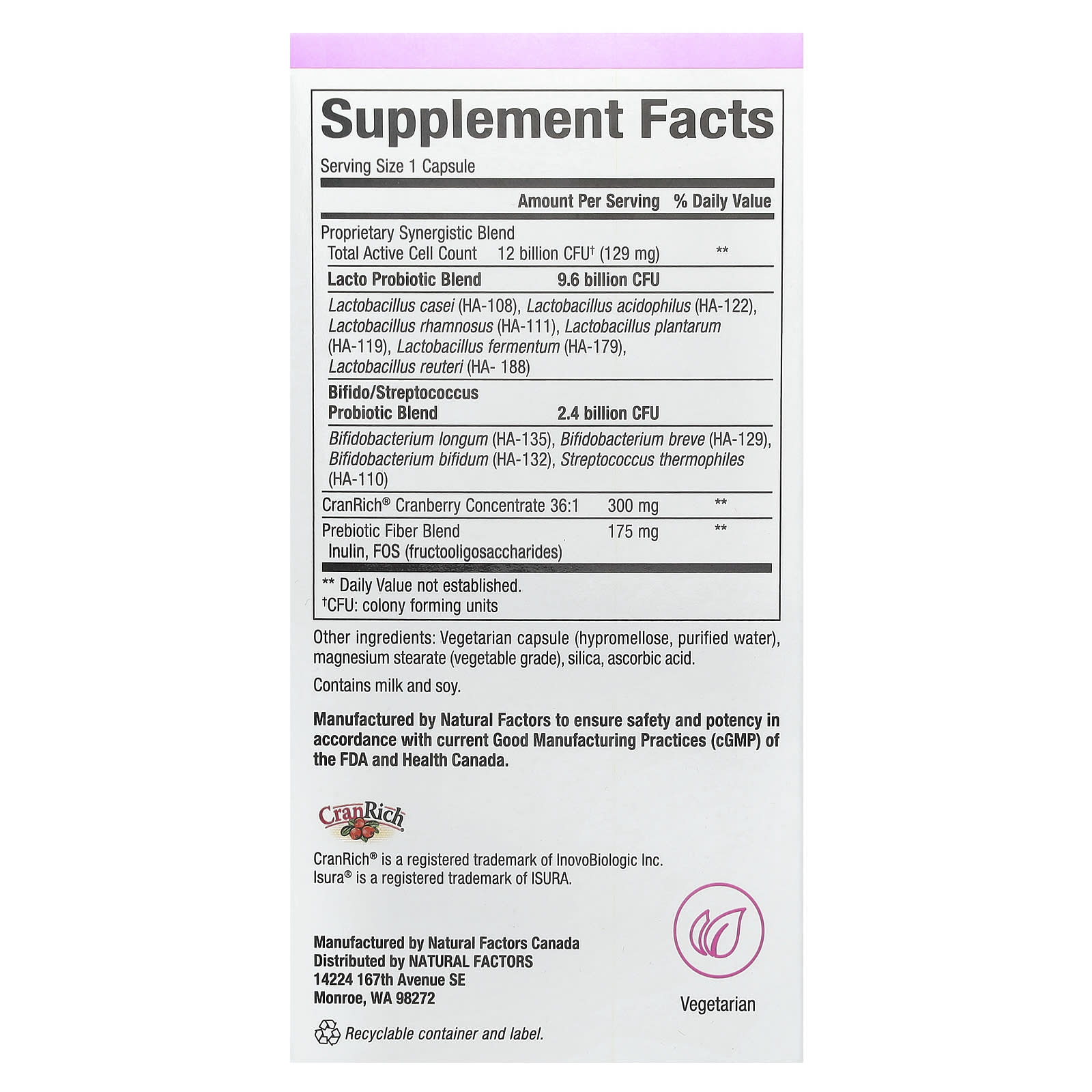 Пробиотик Natural Factors Ultimate Women's Every Day, оттенок 12 Billion, 60 растительных капсул — фото 3